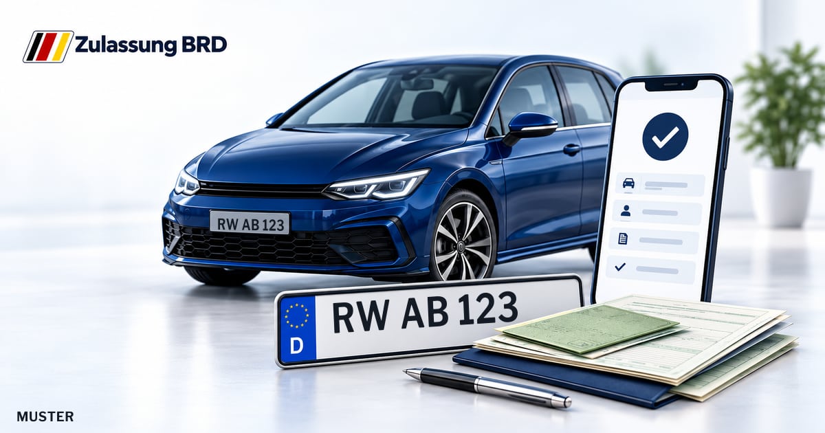 Online Fahrzeugzulassung in Landkreis Rottweil: Musterkennzeichen RW AB 123, Auto und Fahrzeugpapiere und Smartphone. Illustration mit Logo von Zulassung BRD.